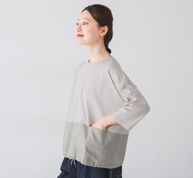 【 kermu 】UV天竺異素材切替7分袖Tシャツ トップス寄り シームレスポケット見せ