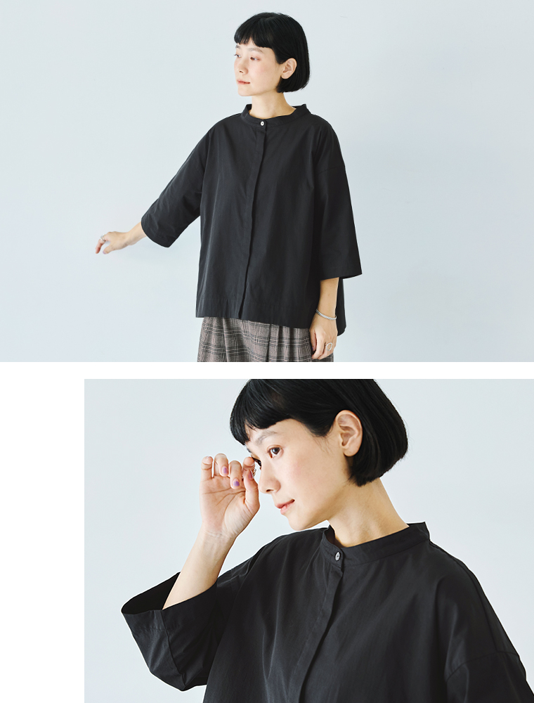 &yarn コットンスタンドカラー半端袖シャツ　ブラック　スタンドカラー　