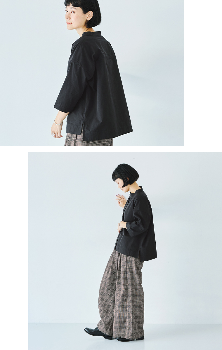 &yarn コットンスタンドカラー半端袖シャツ　ブラック　シルエット