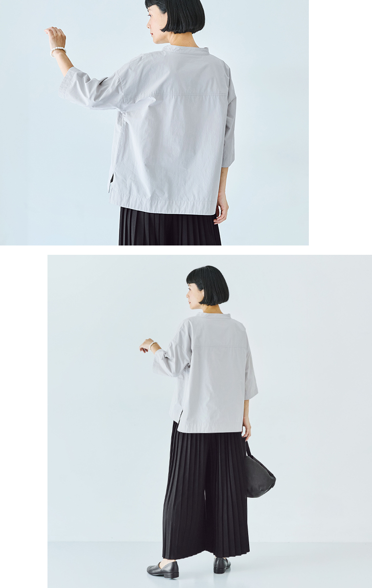 &yarn コットンスタンドカラー半端袖シャツ　後ろ姿