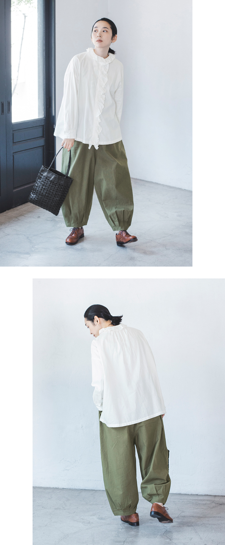 ichi ピーチワッシャー前立てフリルシャツ ホワイトのシルエット