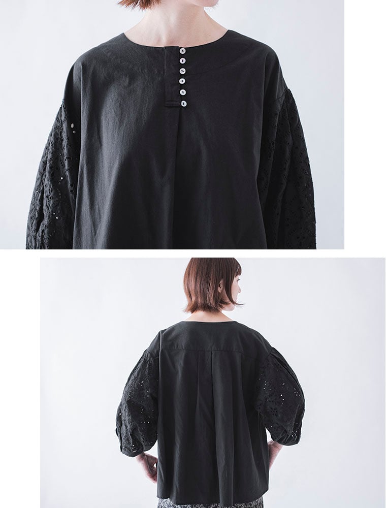 &yarn  カットワークレーススリーブブラウス　胸元ボタンと後ろ