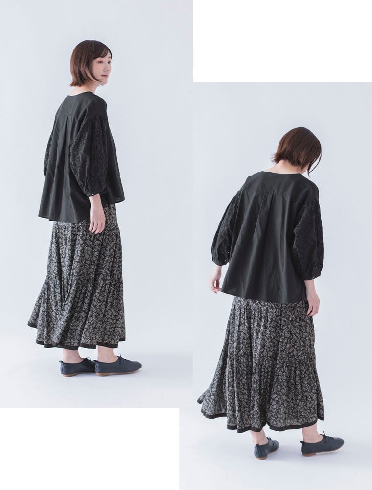 &yarn  カットワークレーススリーブブラウス　スカートスタイル　全身横と後ろ