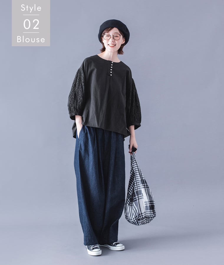 &yarn  カットワークレーススリーブブラウス　デニムコーデ