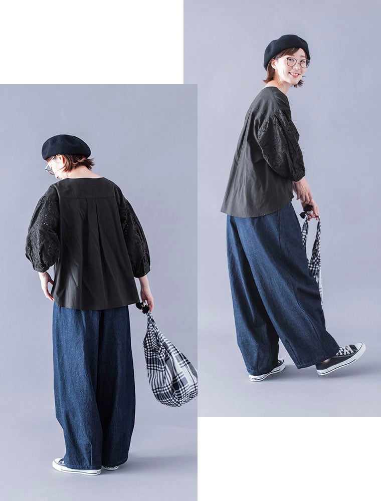 &yarn  カットワークレーススリーブブラウス　デニムコーデ　全身横と後ろ