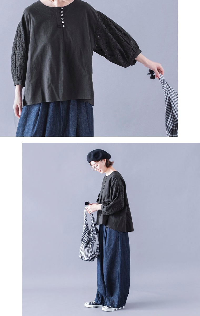 &yarn  カットワークレーススリーブブラウス　デニムコーデ　前寄りと全身横