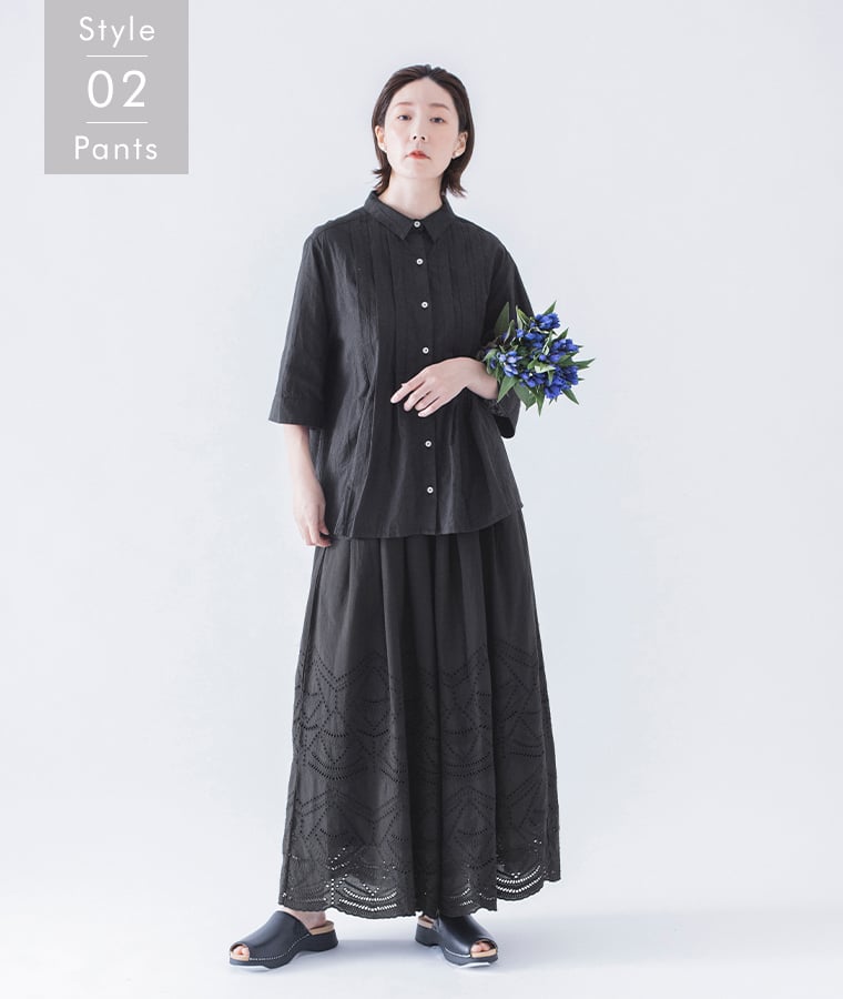 &yarn  カットワークレースワイドパンツ　ブラックコーデ