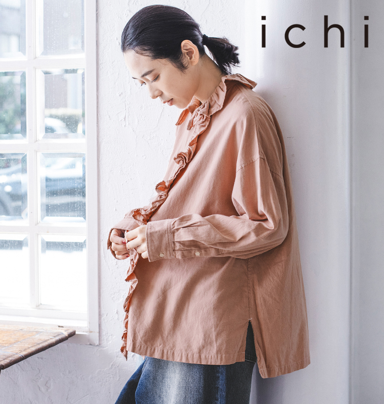 ichi ピーチワッシャー前立てフリルシャツ