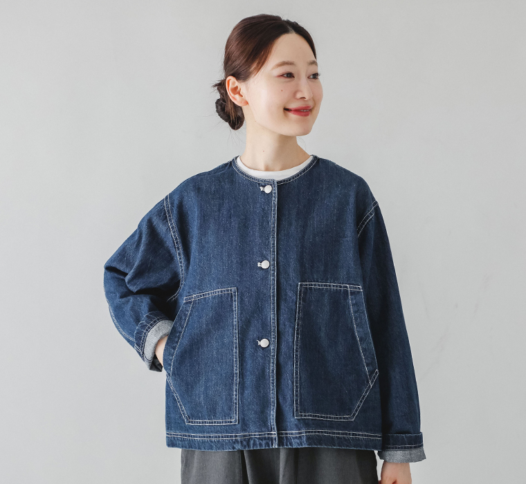 【 kermu 】コットン9OZデニムノーカラージャケット ジャケット寄り
