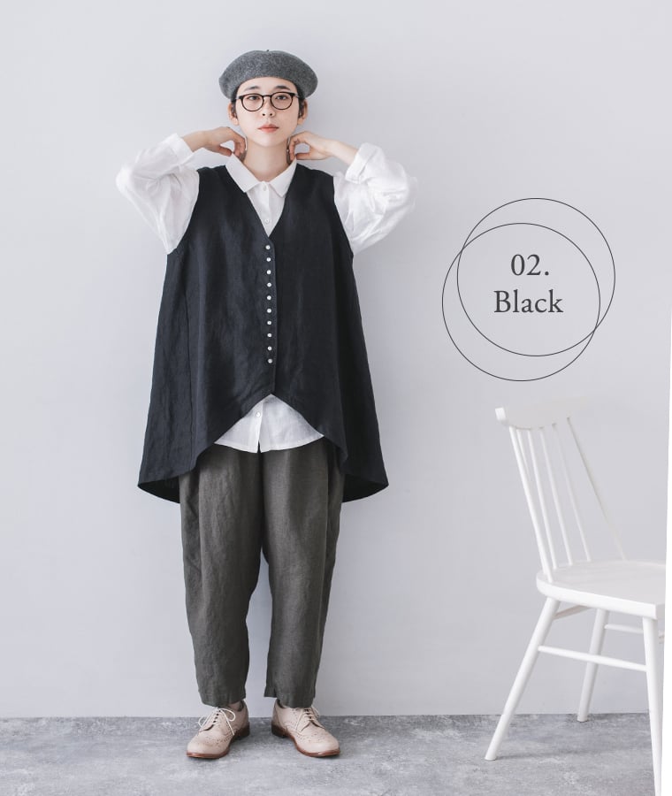 08Mab  9番手リネン多ボタンベスト ブラック