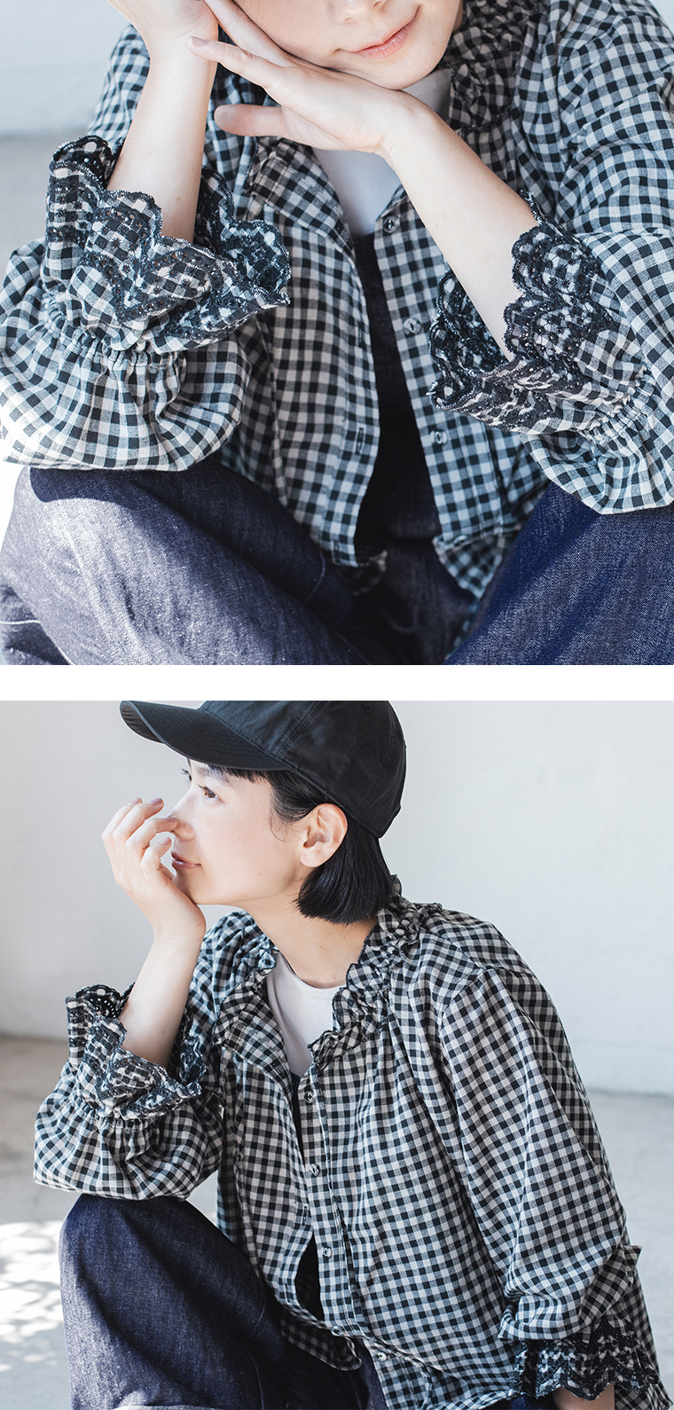 D*g*y 別注｜袖スカラップ刺繍ブラウスギンガムチェックの袖