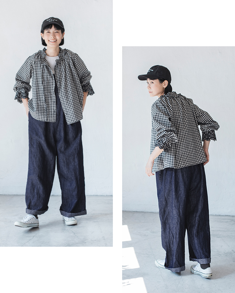 D*g*y 別注｜袖スカラップ刺繍ブラウスギンガムチェックのコーディネート