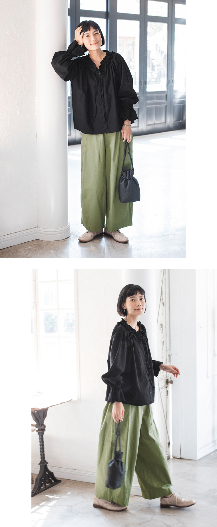 D*g*y 別注｜袖スカラップ刺繍ブラウスブラックのシルエットとサイズ