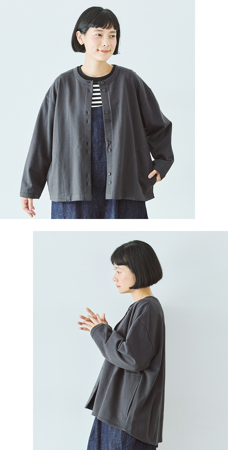 &yarn コットンコーマ裏毛カーディガン(スミクロ)の上半身寄り前と横