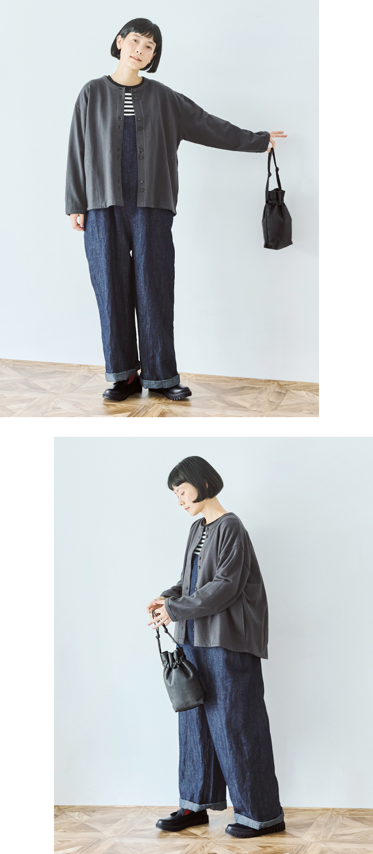 &yarn コットンコーマ裏毛カーディガン(スミクロ)の全身前と斜め横