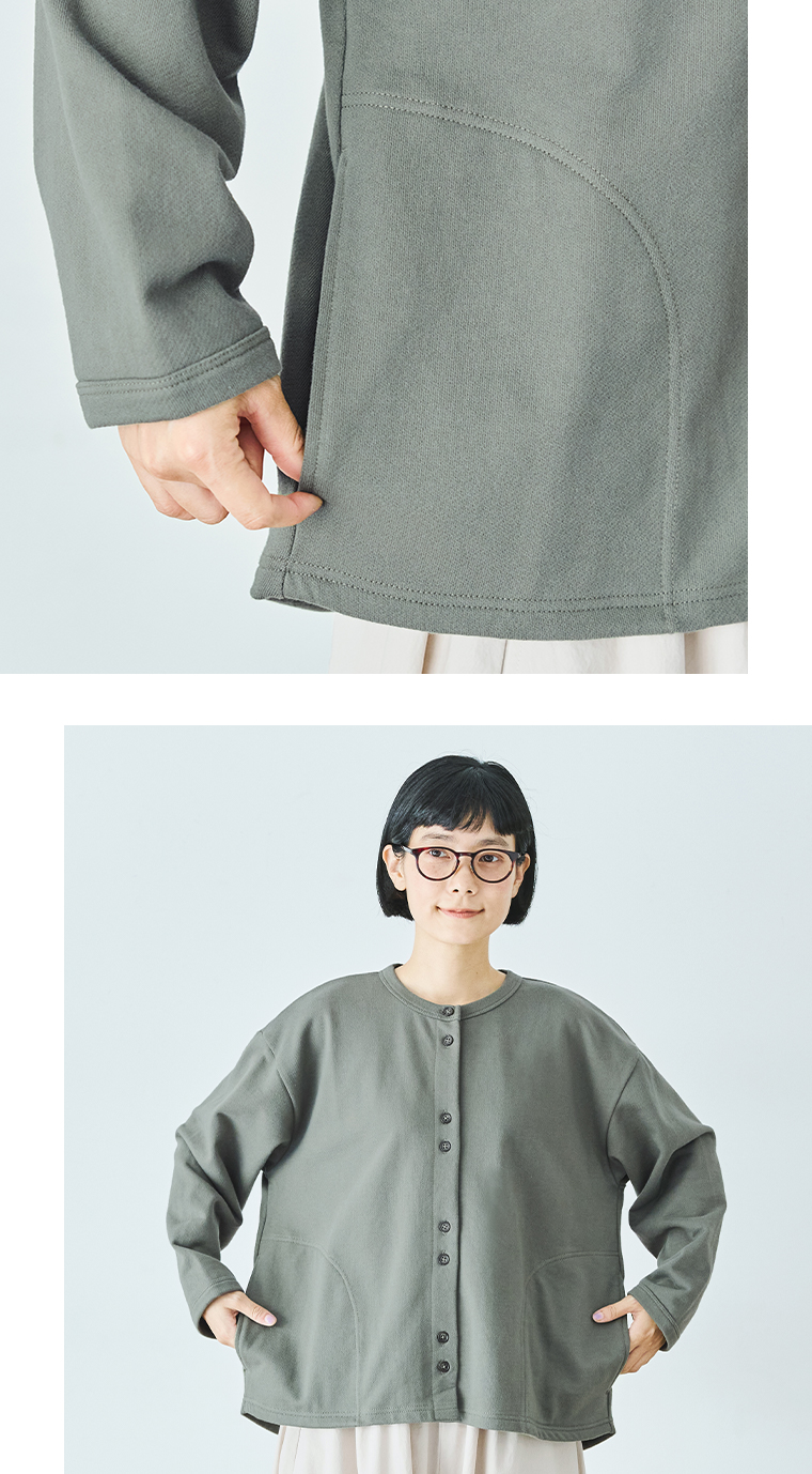 &yarn コットンコーマ裏毛カーディガン(グリーン)のポケット寄りと上半身前