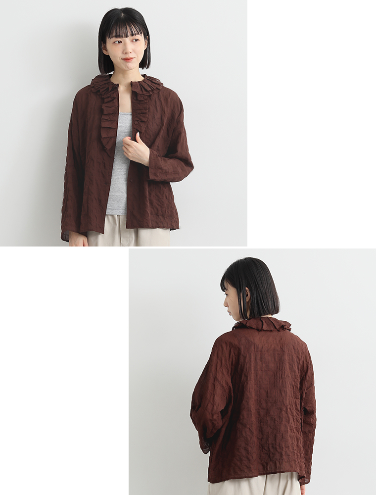 conges payes ADIEU TRISTESSE シャーリングフリルシャツジャケット 前開きと後ろカット