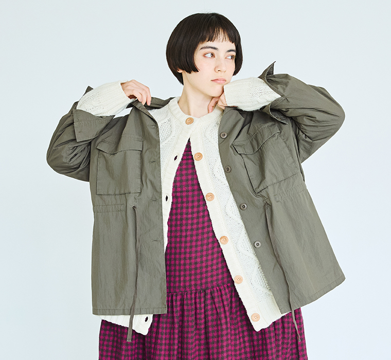 【 ichi 】コットンナイロンシャツブルゾン カーキ ブルゾン寄り