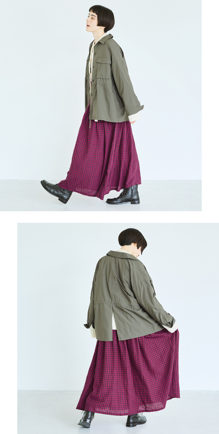 【 ichi 】コットンナイロンシャツブルゾン カーキ 全身コーディネート 横＆バックスタイル
