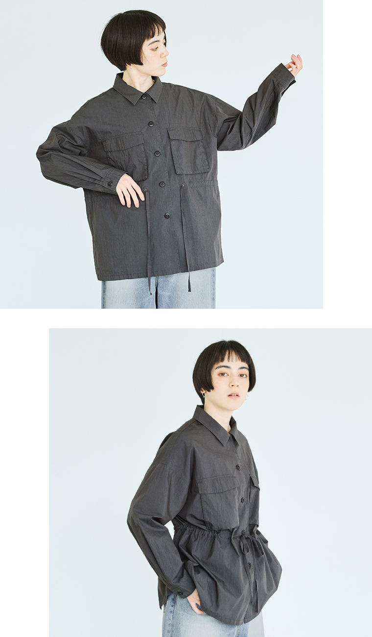 【 ichi 】コットンナイロンシャツブルゾン チャコール 前閉め