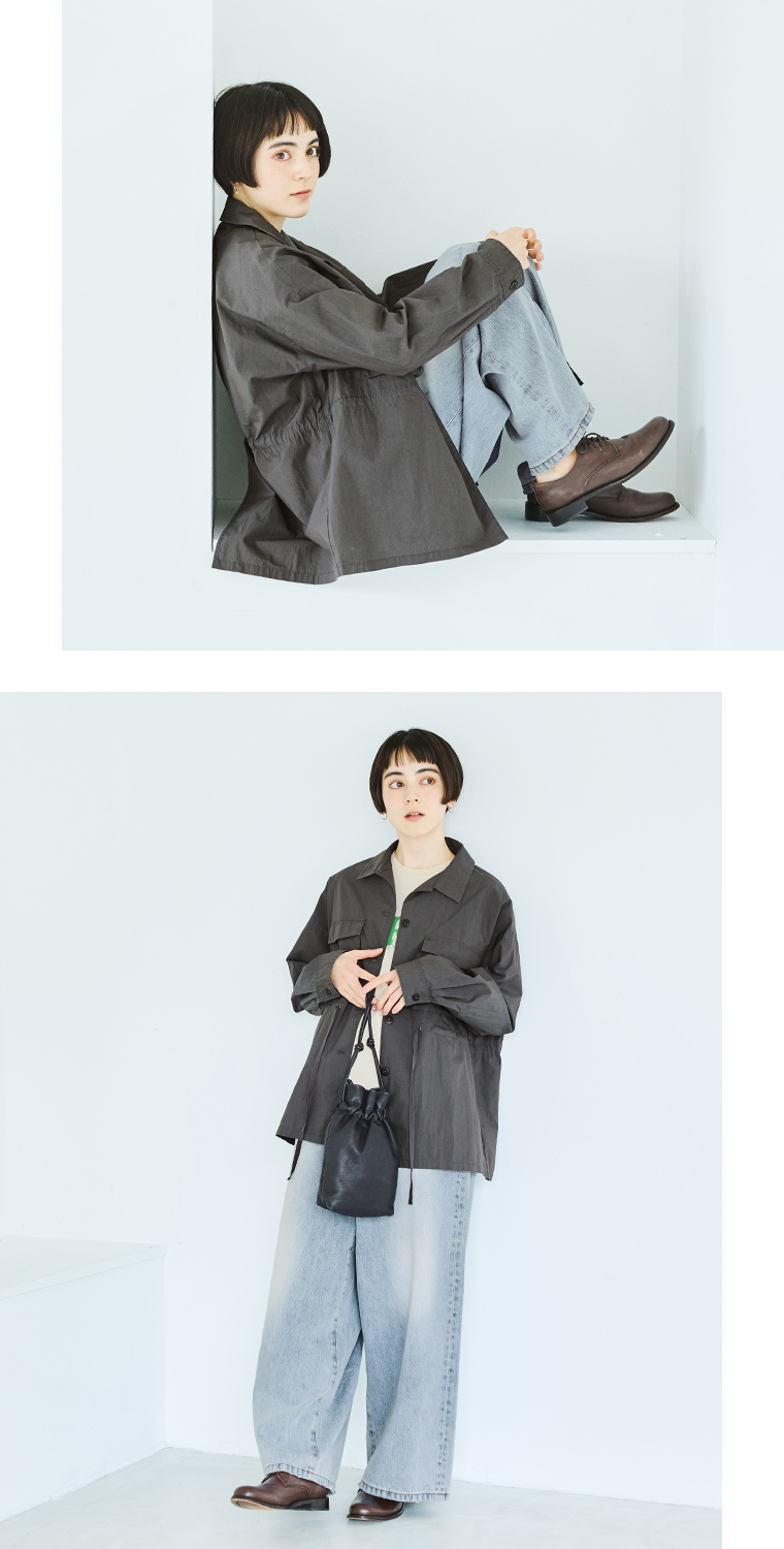 【 ichi 】コットンナイロンシャツブルゾン チャコール 全身コーディネート