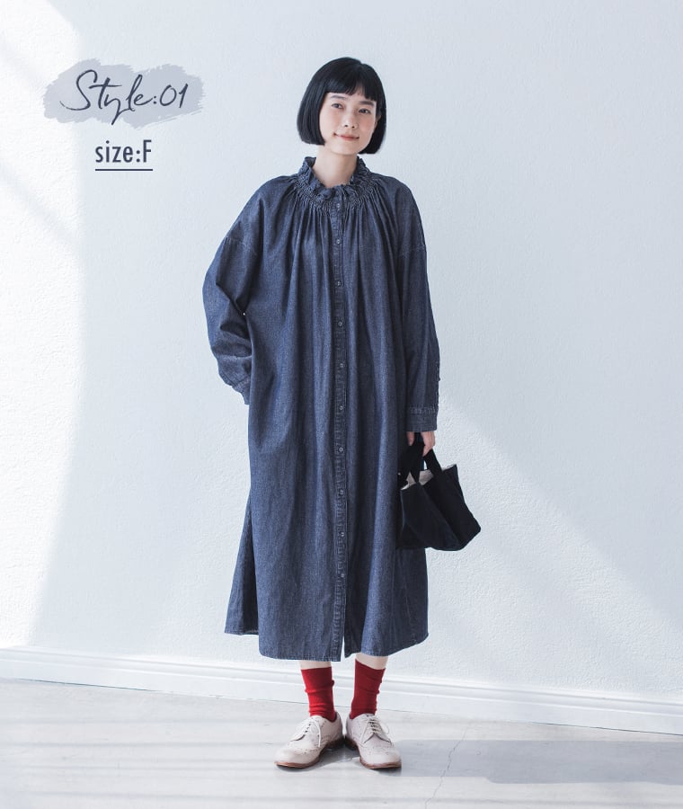 LUPILIEN by natulan　別注　フリルカラーデニムワンピース　Fサイズの着こなし