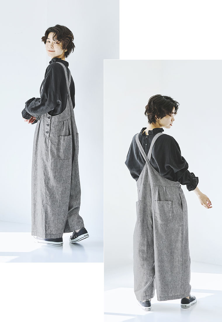 blue willow 別注 ヘリンボーン タックサロペット　横と後ろのシルエット