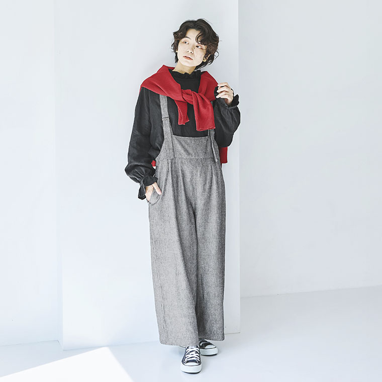 blue willow 別注 ヘリンボーン タックサロペット　差し色