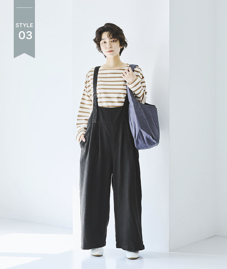 blue willow 別注 ヘリンボーン タックサロペット　ブラックの着こなし