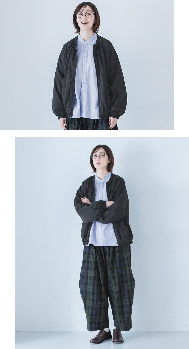 【 &yarn 】撥水チビ襟ナイロンジャケット ブラック 全身コーディネート＆上半身寄りカット