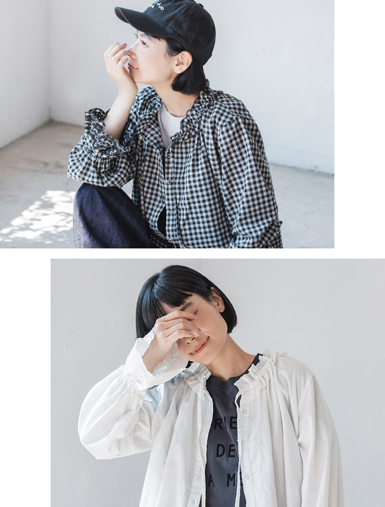【 D*g*y｜別注 】袖スカラップ刺繍ブラウス ギンガムチェック＆オフホワイト