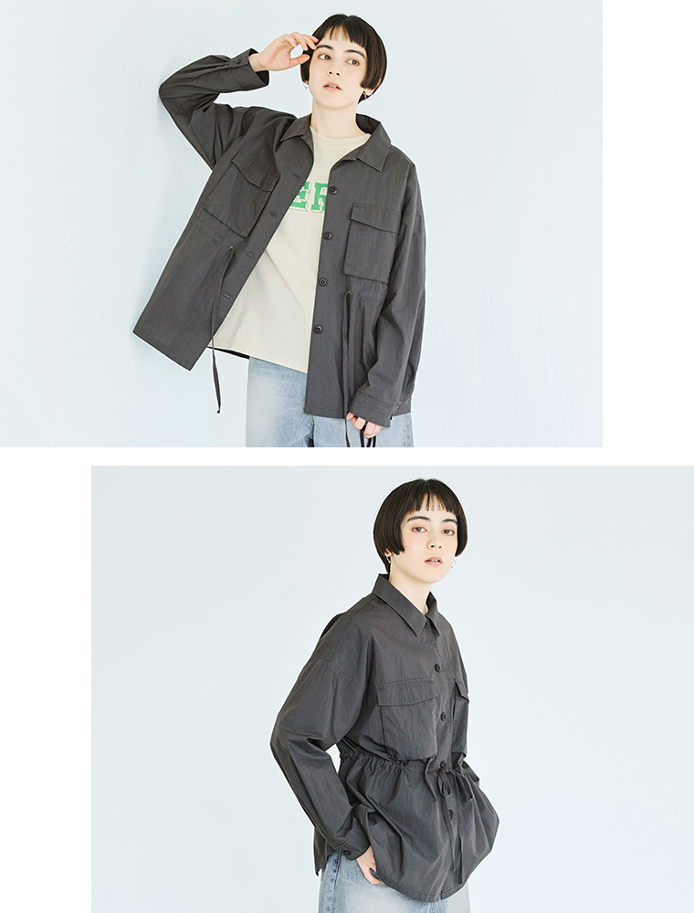 【 ichi 】コットンナイロンストーンバイオシャツブルゾン チャコール