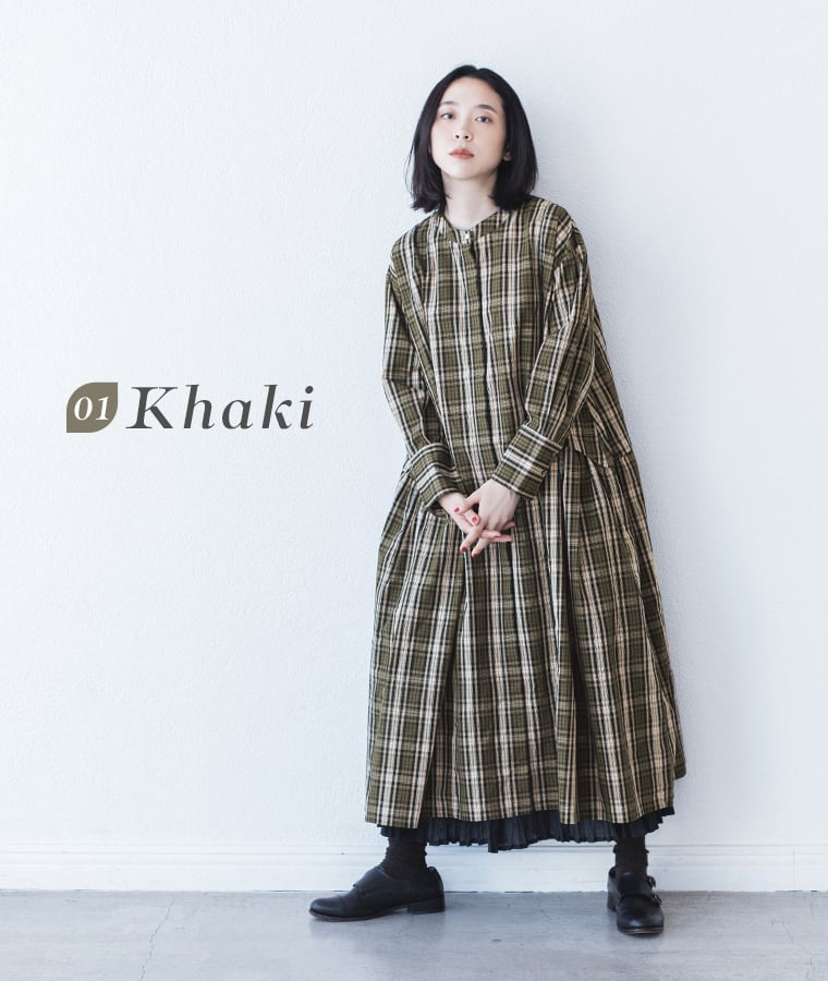 【 &yarn 】コットンチェックサイドタックワンピース カーキ