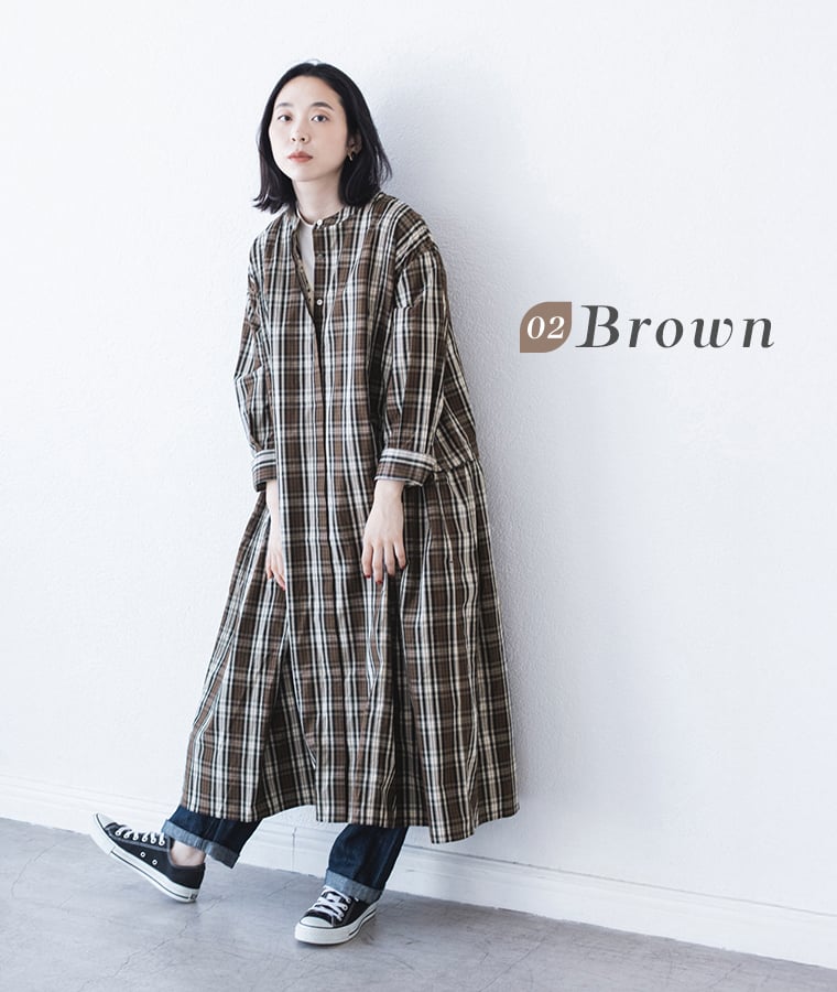 【 &yarn 】コットンチェックサイドタックワンピース ブラウン