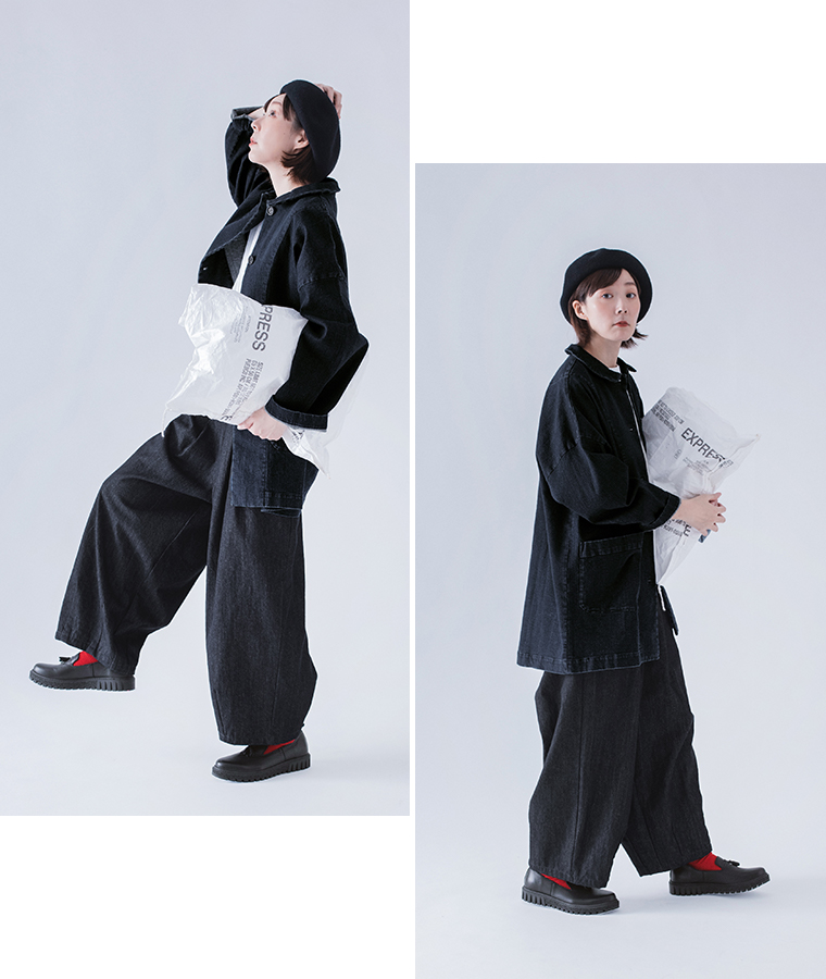 &yarn 丸襟カバーオール デニムのパンツスタイリング 寄りと全身前