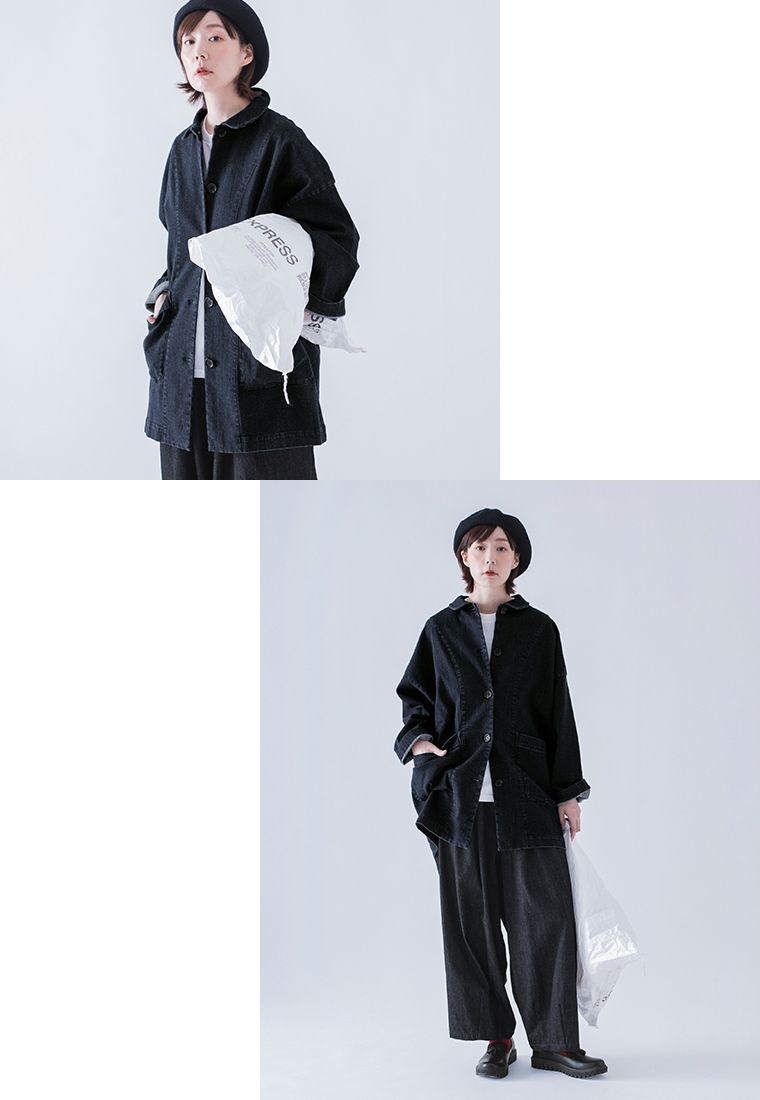 &yarn 丸襟カバーオール デニムのパンツスタイリング 寄りと全身前