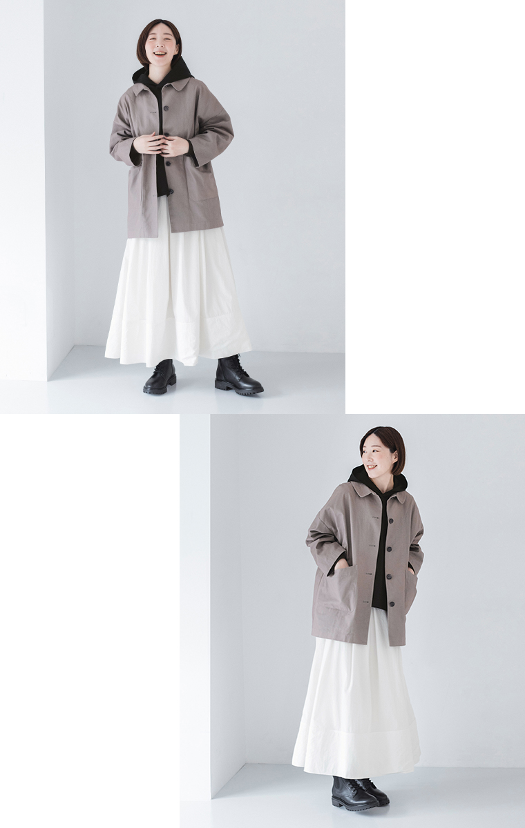 &yarn 丸襟カバーオール グレージュ 全身前2カット