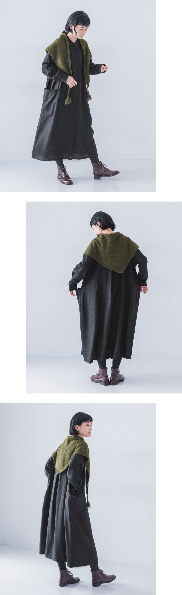 HEAVENLY リネンポケットシャツワンピース(ブラック)のアレンジコーデ全身斜め、後ろ、斜め後ろ