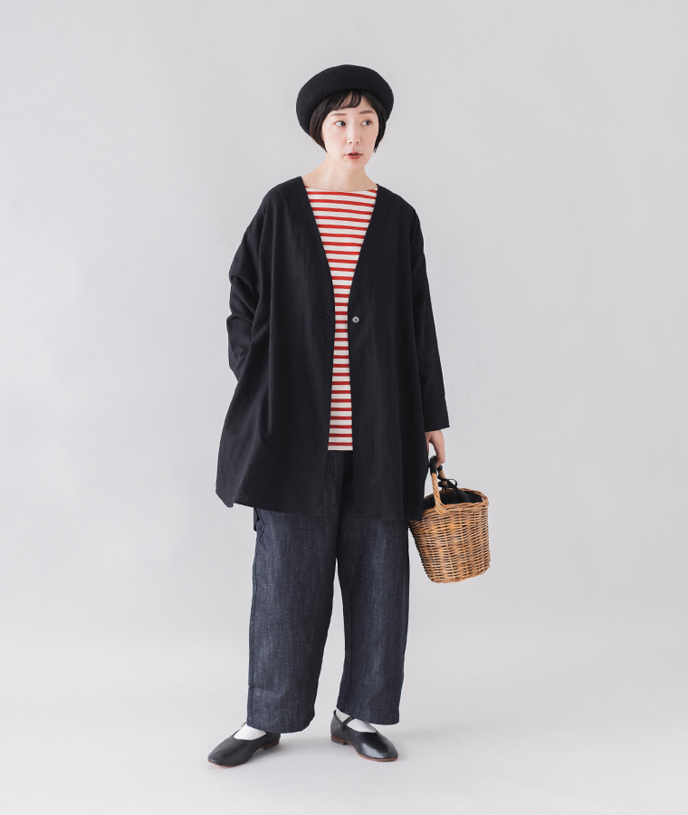 &yarn リネンコットンロング羽織りジャケット ブラック
