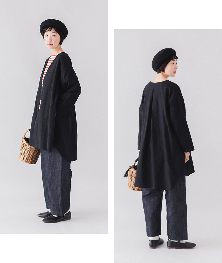  &yarn リネンコットンロング羽織りジャケット ブラックの着こなし