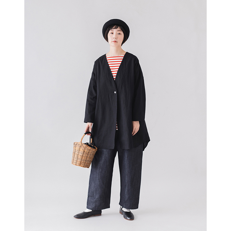 &yarn リネンコットンロング羽織りジャケット ブラック サイドデザイン
