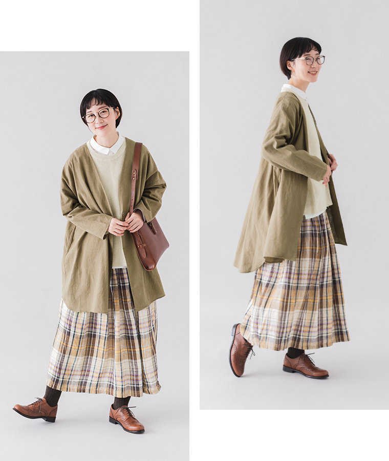 &yarn リネンコットンロング羽織りジャケット ベージュの着こなし