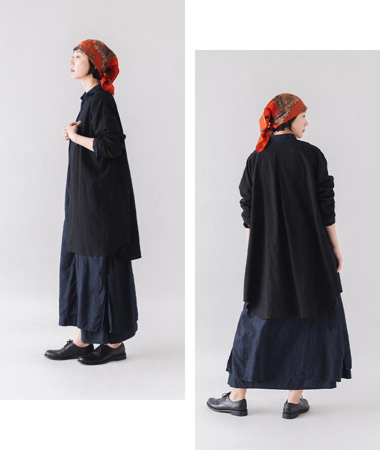 &yarn リネンコットンロング羽織りジャケット ブラックの着こなし