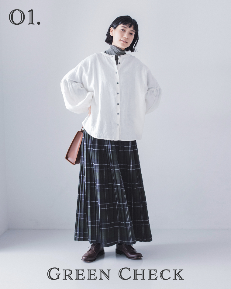 refined works 起毛チェックプリーツスカート グリーンチェック