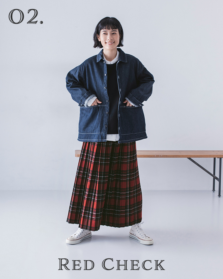 refined works 起毛チェックプリーツスカート レッドチェック