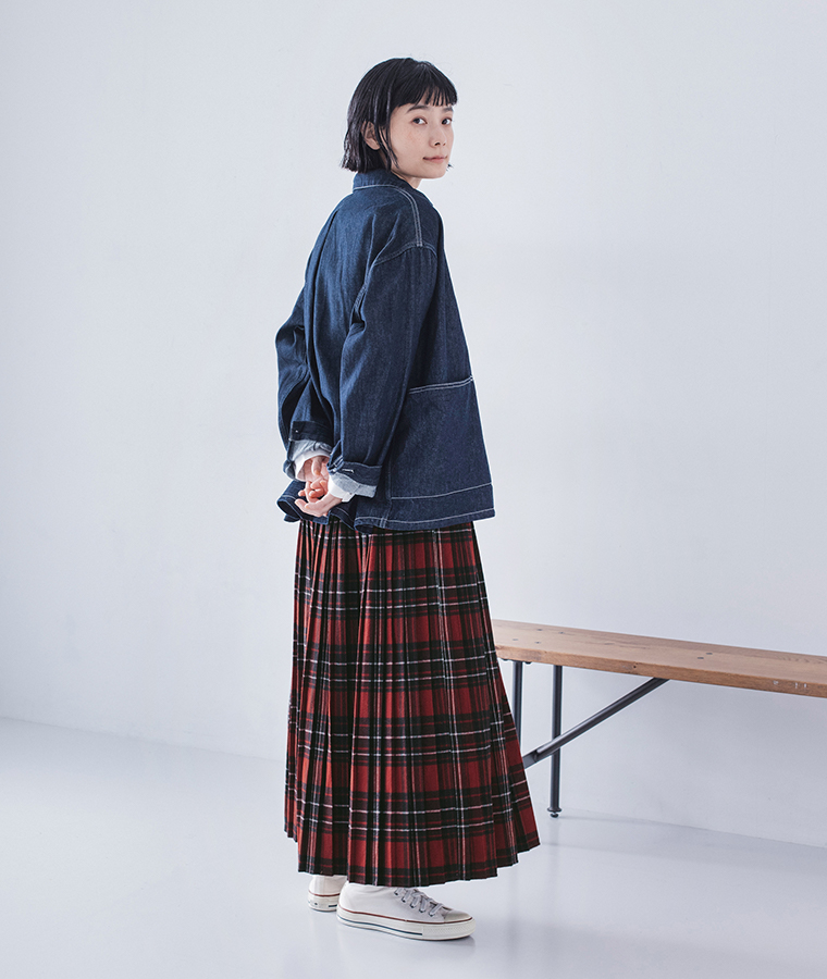 refined works 起毛チェックプリーツスカート レッドチェック 後ろ