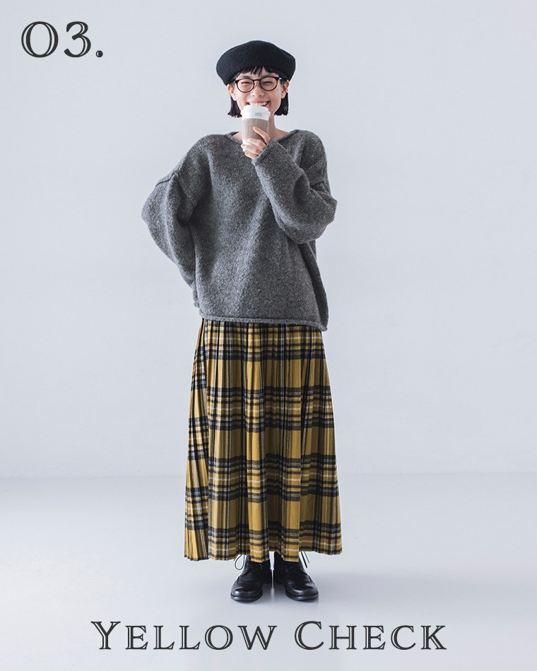 refined works 起毛チェックプリーツスカート イエローチェック
