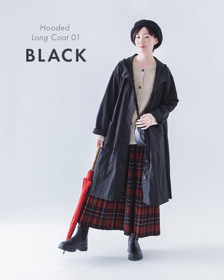 &yarn撥水フーテッドコートブラックのコーディネート