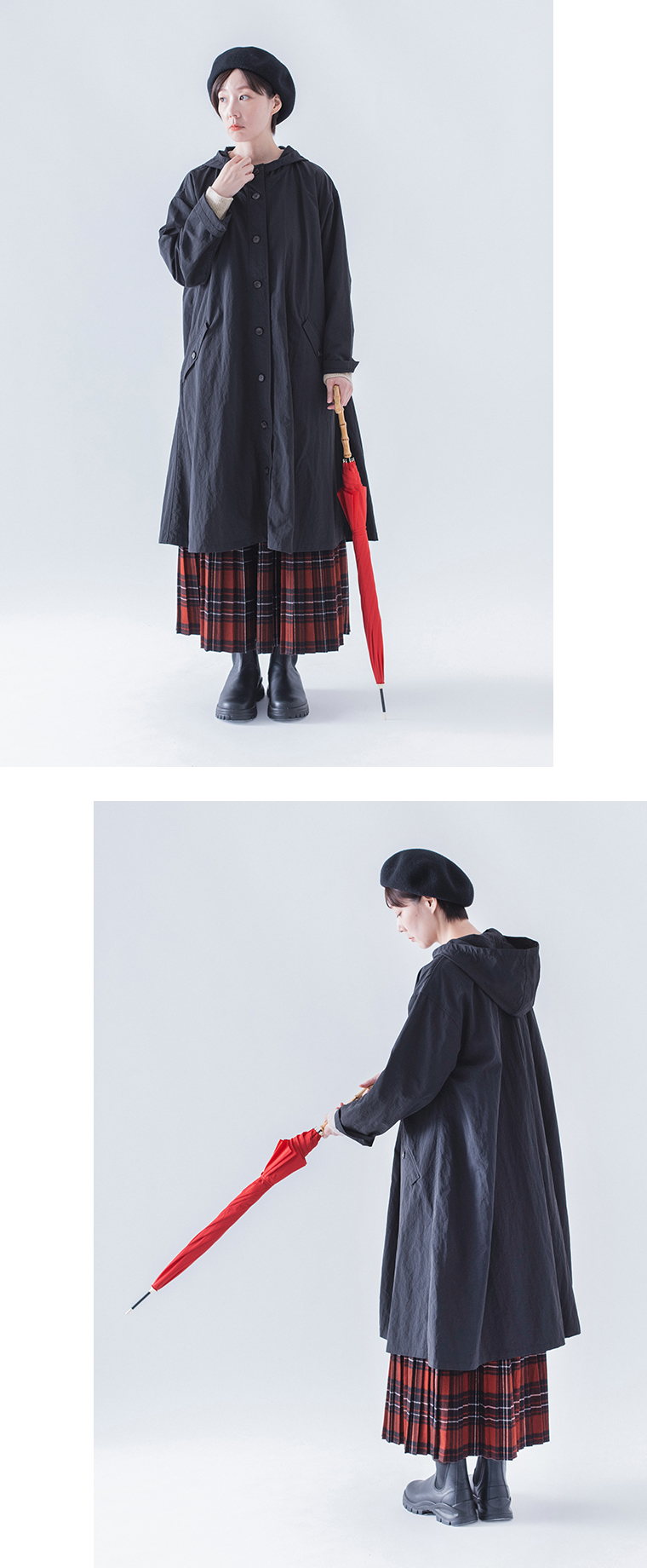 &yarn撥水フーテッドコートブラックのシルエット