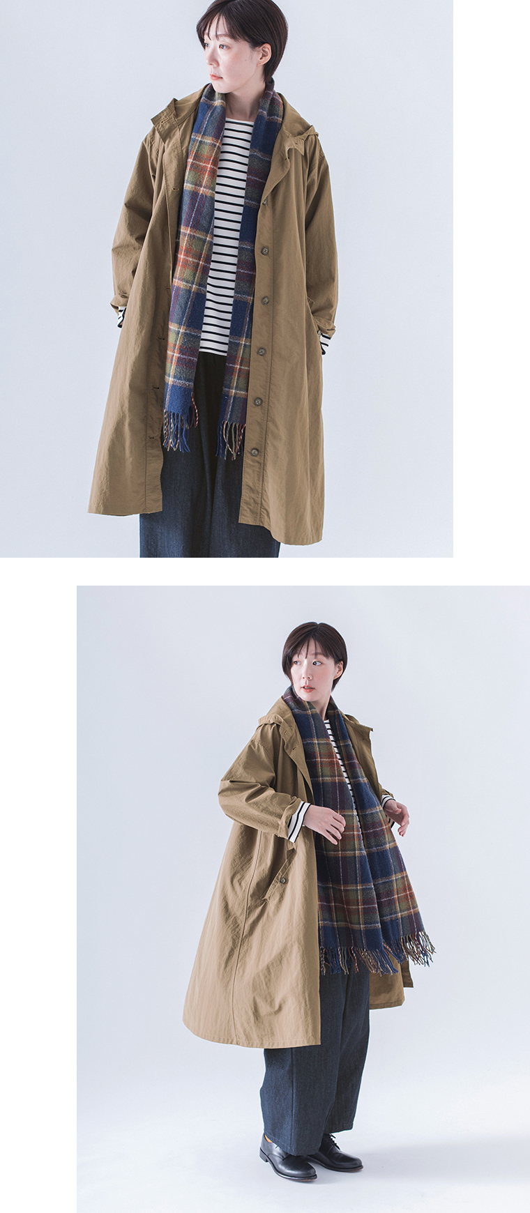 &yarn撥水フーテッドコートブラウンの着こなしアレンジ